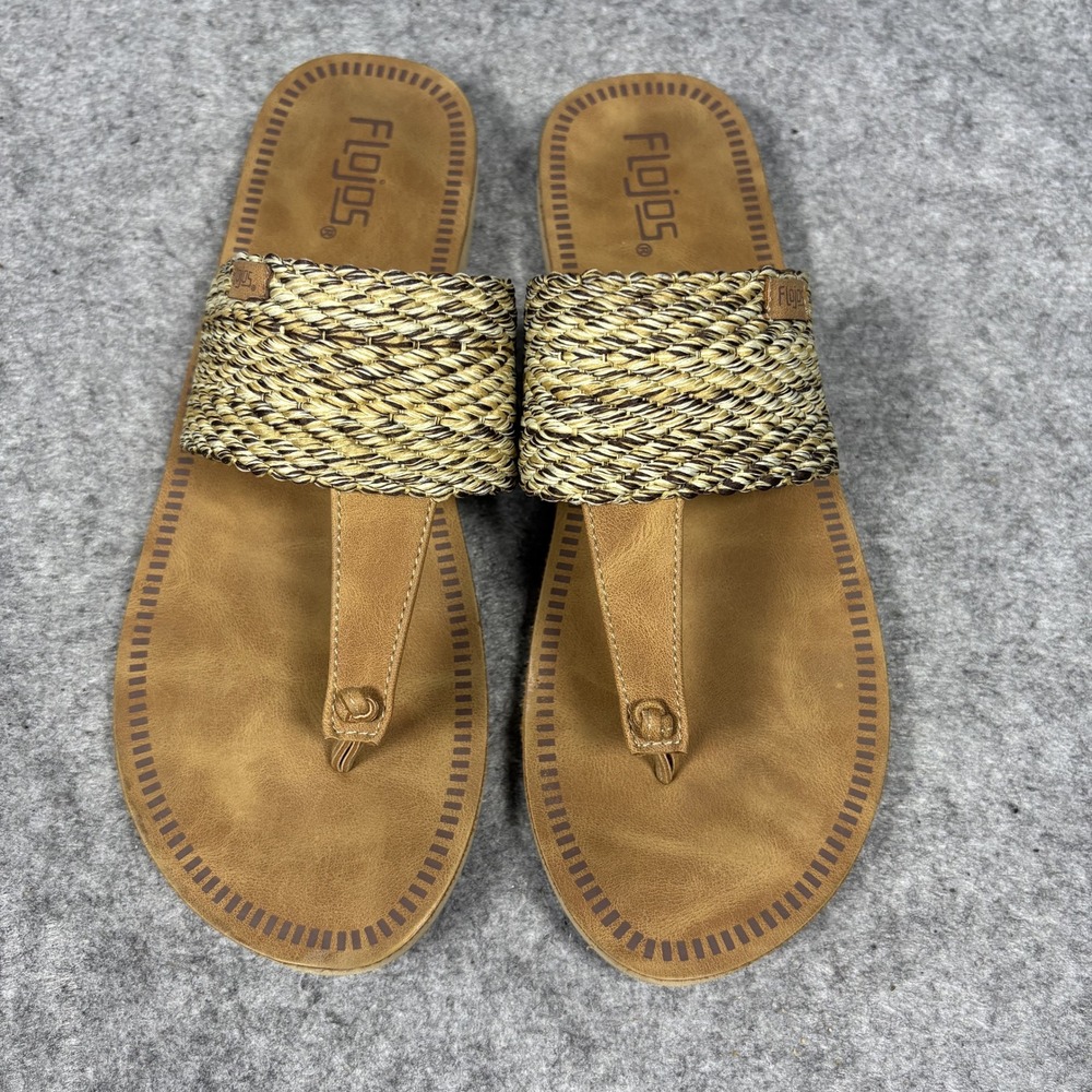 Flojos Braided Rope Thong Sandals 9 Tan Brown Boho Beach Slides